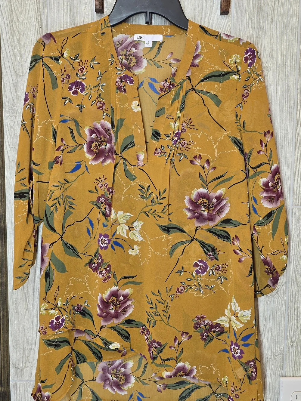DR2 Mustard Floral Split-Neck Tunic with Purple Blooms